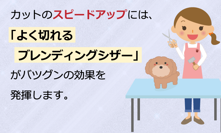 カットのスピードアップには、「よく切れるブレンディングシザー」がバツグンの効果を発揮します。