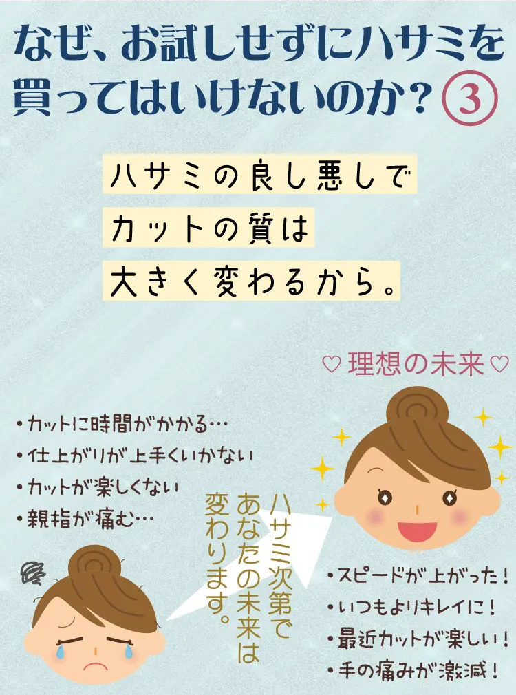 なぜ、お試しせずにハサミを買ってはいけないのか？その３...『ハサミの良し悪しで、カットの質は大きく変わるから。』