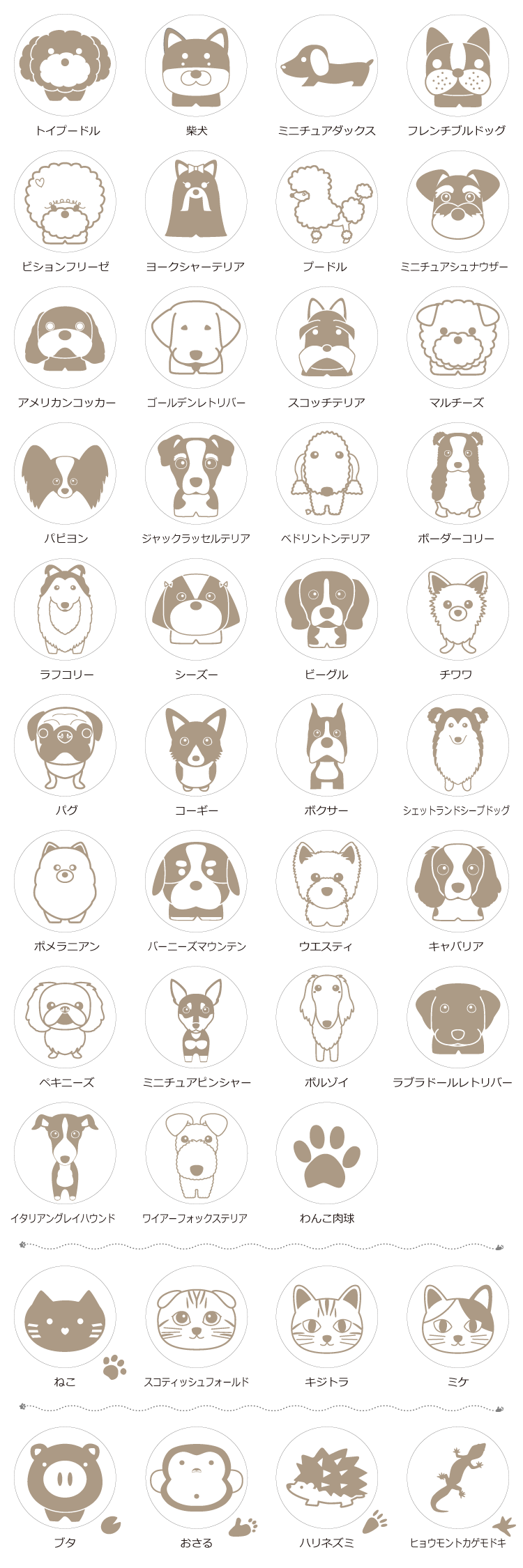 わんこはトイプードル、柴犬、ミニチュアダックスなど３５犬種、にゃんこ４種類！その他にも、ブタ、おさる、ハリネズミ、ヒョウモントカゲモドキなんてのも。