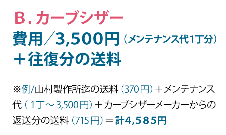 Ｂ．カーブシザー：費用／３，５００円（メンテナンス代１丁分）＋往復分の送料　例/山村製作所までの送料(370円)＋メンテナンス代(1丁～3,500円)＋カーブシザーメーカーからの返送分の送料(715円)＝計４，５８５円